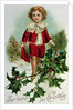 Victorian Christmas postcard depicting a boy in red in the snow by English School