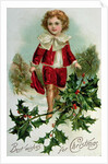 Victorian Christmas postcard depicting a boy in red in the snow by English School