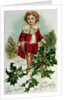 Victorian Christmas postcard depicting a boy in red in the snow by English School
