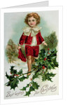 Victorian Christmas postcard depicting a boy in red in the snow by English School