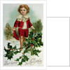 Victorian Christmas postcard depicting a boy in red in the snow by English School