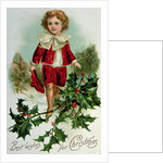 Victorian Christmas postcard depicting a boy in red in the snow by English School