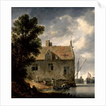 Builders repairing a House by a river by Bonaventura Peeters