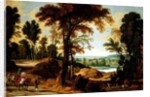 A wooded river landscape with figures on a road by Jan Wildens