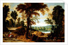 A wooded river landscape with figures on a road by Jan Wildens