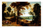 A wooded river landscape with figures on a road by Jan Wildens