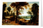 A wooded river landscape with figures on a road by Jan Wildens