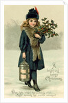 Young girl with Holly and Lantern, postcard, early 20th century by English School