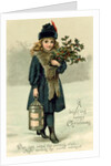 Young girl with Holly and Lantern, postcard, early 20th century by English School