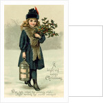 Young girl with Holly and Lantern, postcard, early 20th century by English School