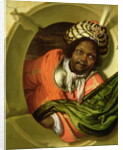Portrait of a Moor holding a flag at a window by Bartholomaus Maton
