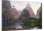 Native figures in a canoe at Milford Sound, West Coast of South Island, New Zealand, also depicted are Mitre Peak and Bowens Fall, 1892 by Eugen von Guerard