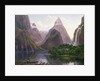 Native figures in a canoe at Milford Sound, West Coast of South Island, New Zealand, also depicted are Mitre Peak and Bowens Fall, 1892 by Eugen von Guerard