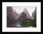 Native figures in a canoe at Milford Sound, West Coast of South Island, New Zealand, also depicted are Mitre Peak and Bowens Fall, 1892 by Eugen von Guerard