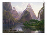 Native figures in a canoe at Milford Sound, West Coast of South Island, New Zealand, also depicted are Mitre Peak and Bowens Fall, 1892 by Eugen von Guerard