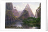 Native figures in a canoe at Milford Sound, West Coast of South Island, New Zealand, also depicted are Mitre Peak and Bowens Fall, 1892 by Eugen von Guerard