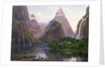 Native figures in a canoe at Milford Sound, West Coast of South Island, New Zealand, also depicted are Mitre Peak and Bowens Fall, 1892 by Eugen von Guerard