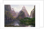 Native figures in a canoe at Milford Sound, West Coast of South Island, New Zealand, also depicted are Mitre Peak and Bowens Fall, 1892 by Eugen von Guerard