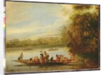 A landscape with a crowded ferry crossing the water in the foreground by Willem Schellinks