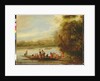 A landscape with a crowded ferry crossing the water in the foreground by Willem Schellinks
