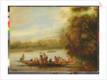 A landscape with a crowded ferry crossing the water in the foreground by Willem Schellinks