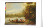 A landscape with a crowded ferry crossing the water in the foreground by Willem Schellinks