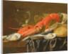 Still life with lobster, shrimp, roemer, oysters and bread by Christiaan Luykx or Luycks