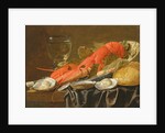 Still life with lobster, shrimp, roemer, oysters and bread by Christiaan Luykx or Luycks