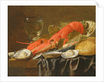 Still life with lobster, shrimp, roemer, oysters and bread by Christiaan Luykx or Luycks