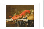 Still life with lobster, shrimp, roemer, oysters and bread by Christiaan Luykx or Luycks