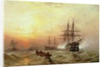 Man-o'-War firing a salute at sunset by Claude T. Stanfield Moore