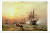 Man-o'-War firing a salute at sunset by Claude T. Stanfield Moore