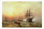 Man-o'-War firing a salute at sunset by Claude T. Stanfield Moore