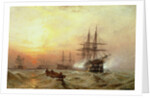 Man-o'-War firing a salute at sunset by Claude T. Stanfield Moore
