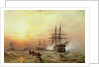 Man-o'-War firing a salute at sunset by Claude T. Stanfield Moore