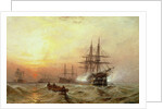 Man-o'-War firing a salute at sunset by Claude T. Stanfield Moore