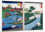 Along the riverbank, two views from '60-Odd Famous Views of the Provinces', pub. by Kosheihei in 1853, by Ando or Utagawa Hiroshige