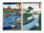 Along the riverbank, two views from '60-Odd Famous Views of the Provinces', pub. by Kosheihei in 1853, by Ando or Utagawa Hiroshige