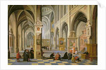 Church interior, with people at prayer in the foreground and a small procession in the main aisle by Bartolomeus van Bassen