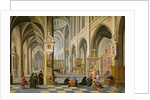 Church interior, with people at prayer in the foreground and a small procession in the main aisle by Bartolomeus van Bassen