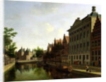 View of the Kloveniersburgwal in Amsterdam, with the Waag, and barge moored in the front of Trippenhuis to the right, 1685 by Gerrit Adriaensz Berckheyde