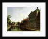 View of the Kloveniersburgwal in Amsterdam, with the Waag, and barge moored in the front of Trippenhuis to the right, 1685 by Gerrit Adriaensz Berckheyde