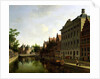 View of the Kloveniersburgwal in Amsterdam, with the Waag, and barge moored in the front of Trippenhuis to the right, 1685 by Gerrit Adriaensz Berckheyde