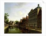 View of the Kloveniersburgwal in Amsterdam, with the Waag, and barge moored in the front of Trippenhuis to the right, 1685 by Gerrit Adriaensz Berckheyde