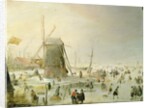 A winter scene with skaters by a windmill by Hendrik Avercamp
