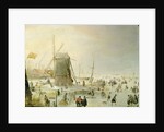 A winter scene with skaters by a windmill by Hendrik Avercamp