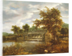 A wooded river landscape with a sluice gate by Jacob Isaaksz. or Isaacksz. van Ruisdael
