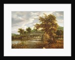 A wooded river landscape with a sluice gate by Jacob Isaaksz. or Isaacksz. van Ruisdael