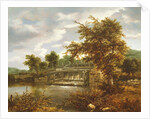 A wooded river landscape with a sluice gate by Jacob Isaaksz. or Isaacksz. van Ruisdael