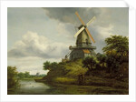 Windmill by a River by Jacob Isaaksz. or Isaacksz. van Ruisdael